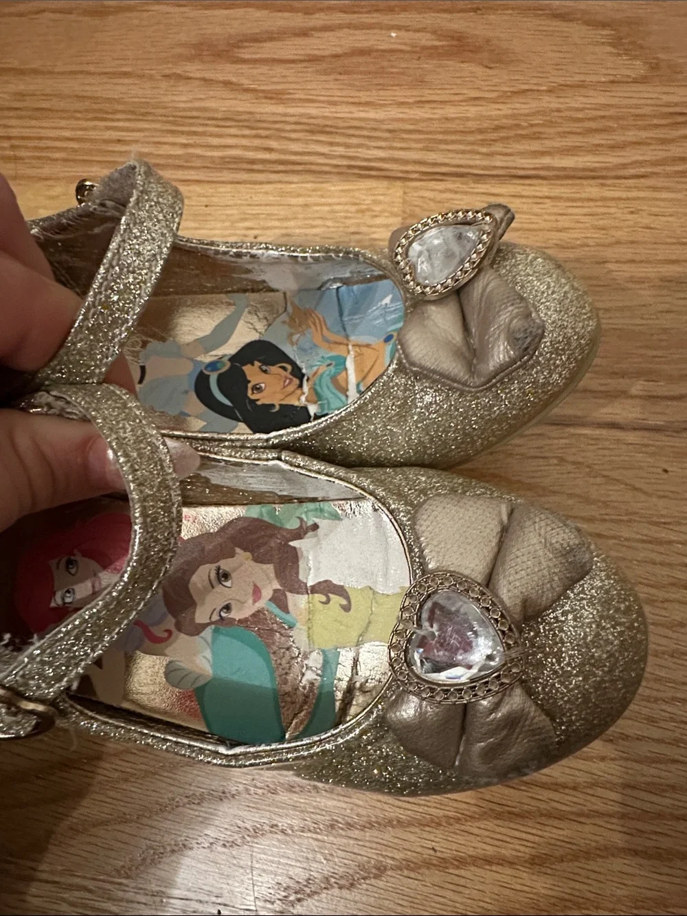 Disney Gold Glitter Princess Mary Jane Shoes with Heart Gem